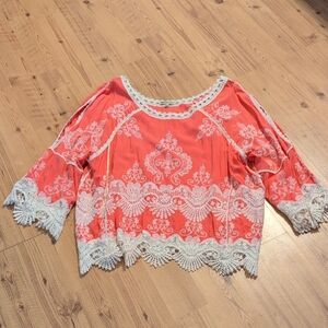 Democracy Coral and White Lace Blouse